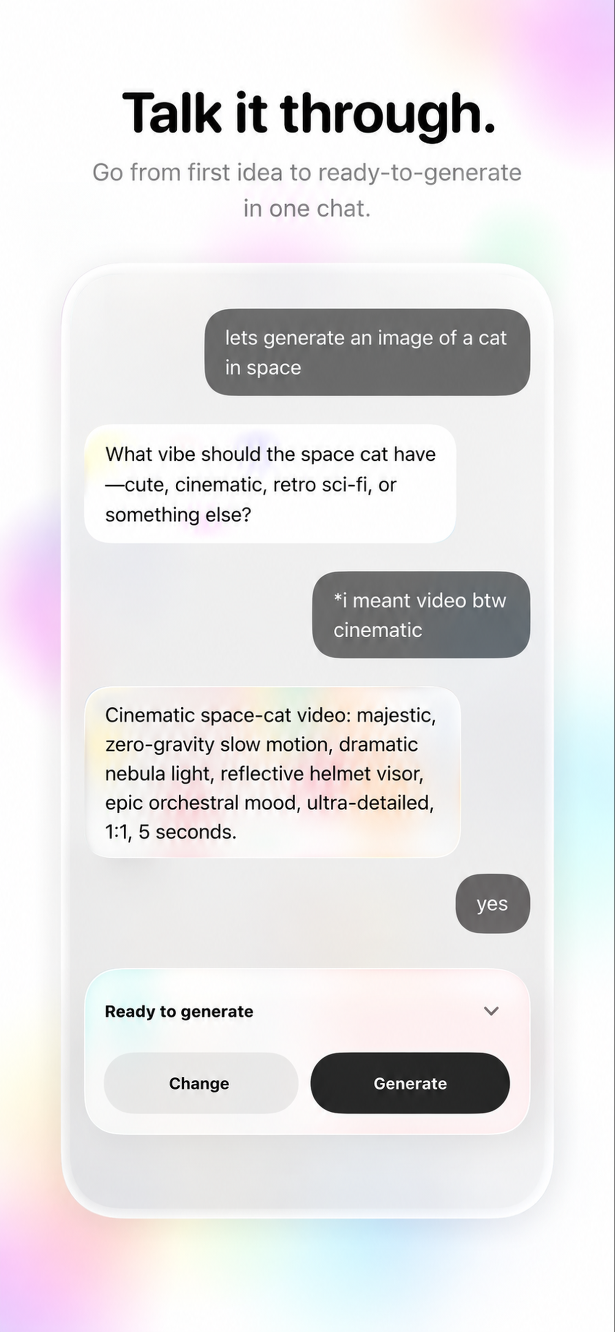A Prompt Video agent conversation refining an idea into a ready-to-generate prompt